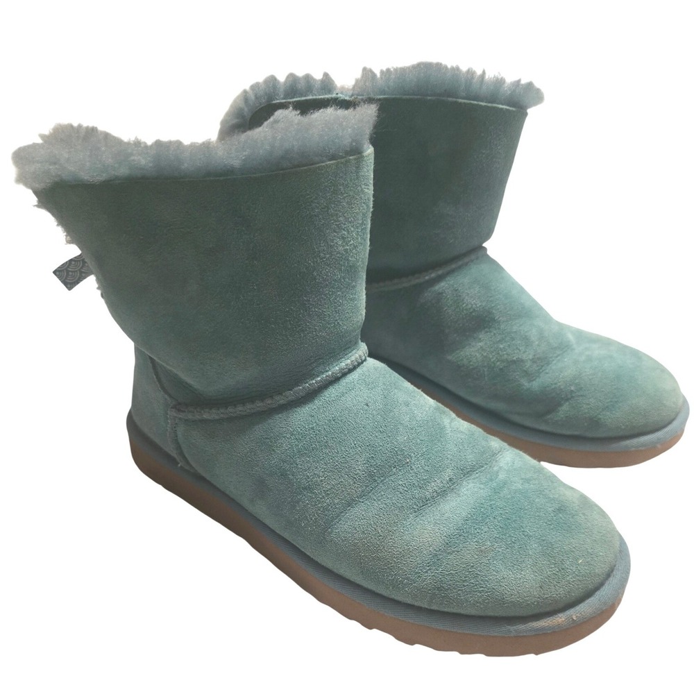 UGG Mini Bailey Bow Boots Womens 9 Teal Suede Sheepskin Fur Ankle 1006640